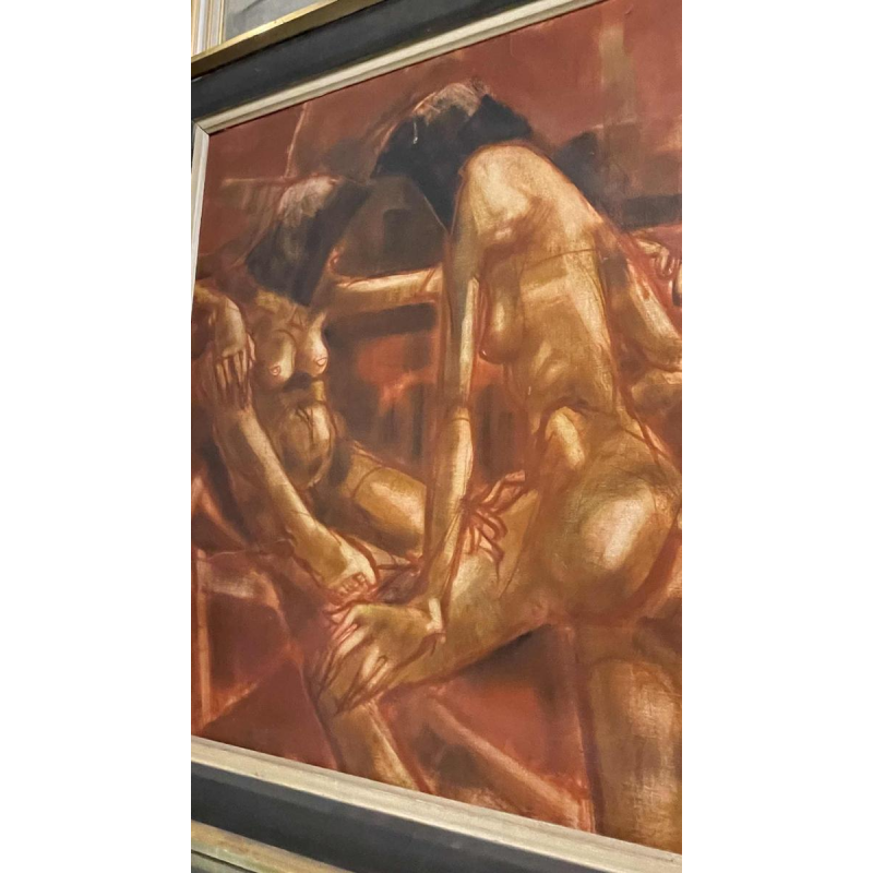 Francis Verlinden, tableau " femmes nues ", scène cabaret, huile sur toile, 1970