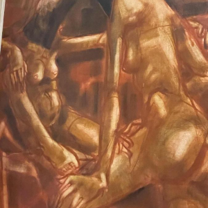 Francis Verlinden, tableau " femmes nues ", scène cabaret, huile sur toile, 1970