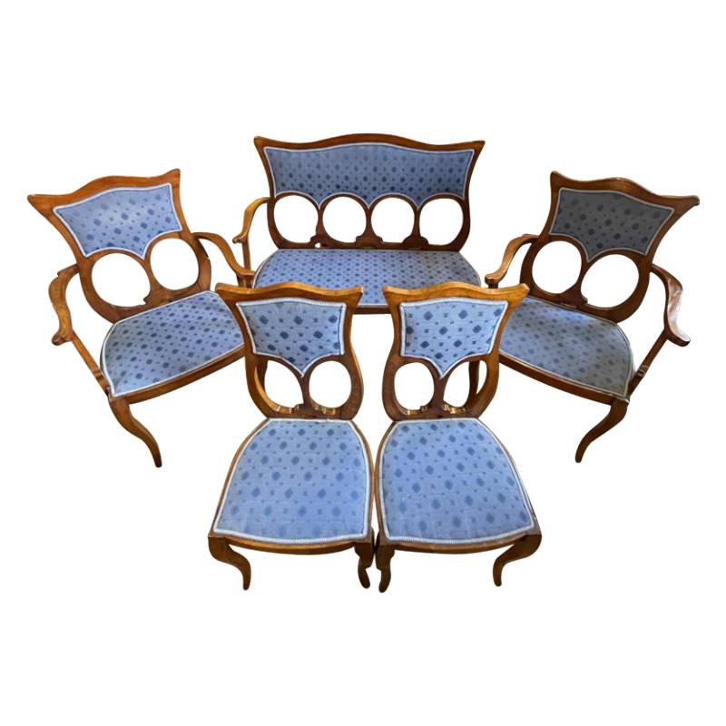 Salon Art Nouveau Complet, 1 Canape´ + 2 Fauteuils + 2 Chaises, ca 1900