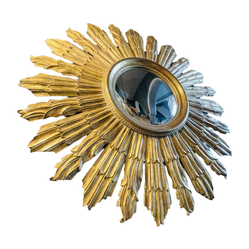 Applique Murale Soleil (70 cm) / Miroir de Sorcière, Bois Sculpté Doré, ca 1950