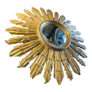 Grote Zonnestraal wanddecoratie (70 cm) / Heksenspiegel, Verguld Hout, ca 1950 Grote Zonnestraal wanddecoratie (70 cm) / Heksenspiegel, Verguld Hout, ca 1950