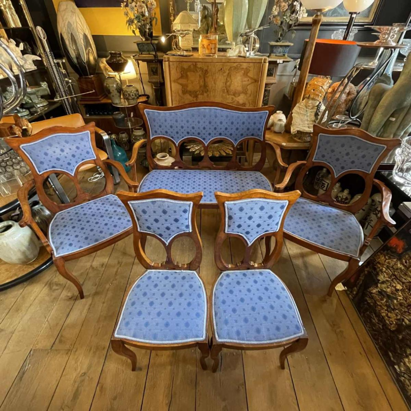 Complete Living Room Art Nouveau Set Salon, 1 Sofa + 2 Armchairs + 2 Chairs, ca 1900