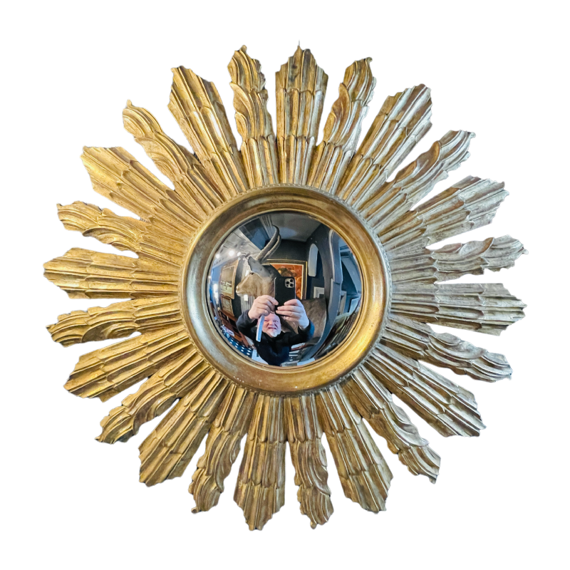 Applique Murale Soleil (70 cm) / Miroir de Sorcière, Bois Sculpté Doré, ca 1950