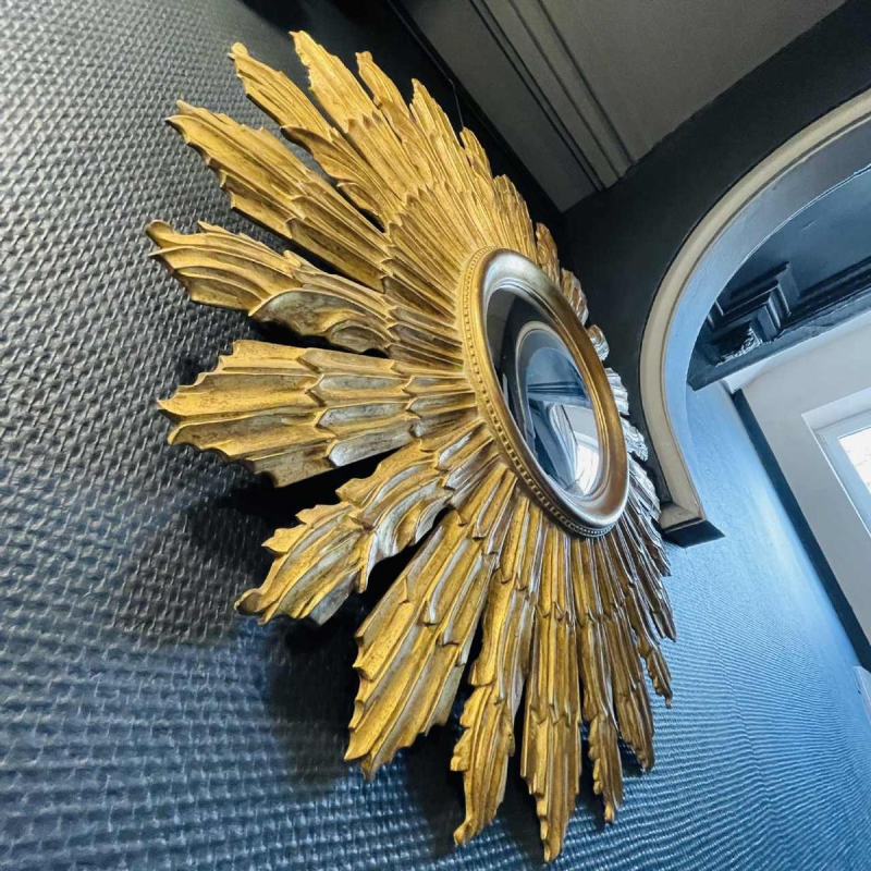Applique Murale Soleil (70 cm) / Miroir de Sorcière, Bois Sculpté Doré, ca 1950