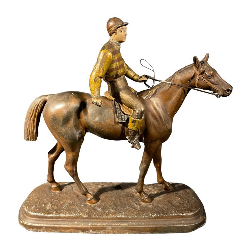 Sculpture Equestre / Statue Hippique Cheval Jockey, Re´gule Polychrome, ca 1890