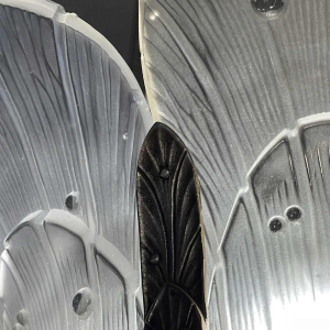 HETTIER & VINCENT (attr) Lustre Art Déco Verre Pressé Sablé, Bronze nickelé 1930