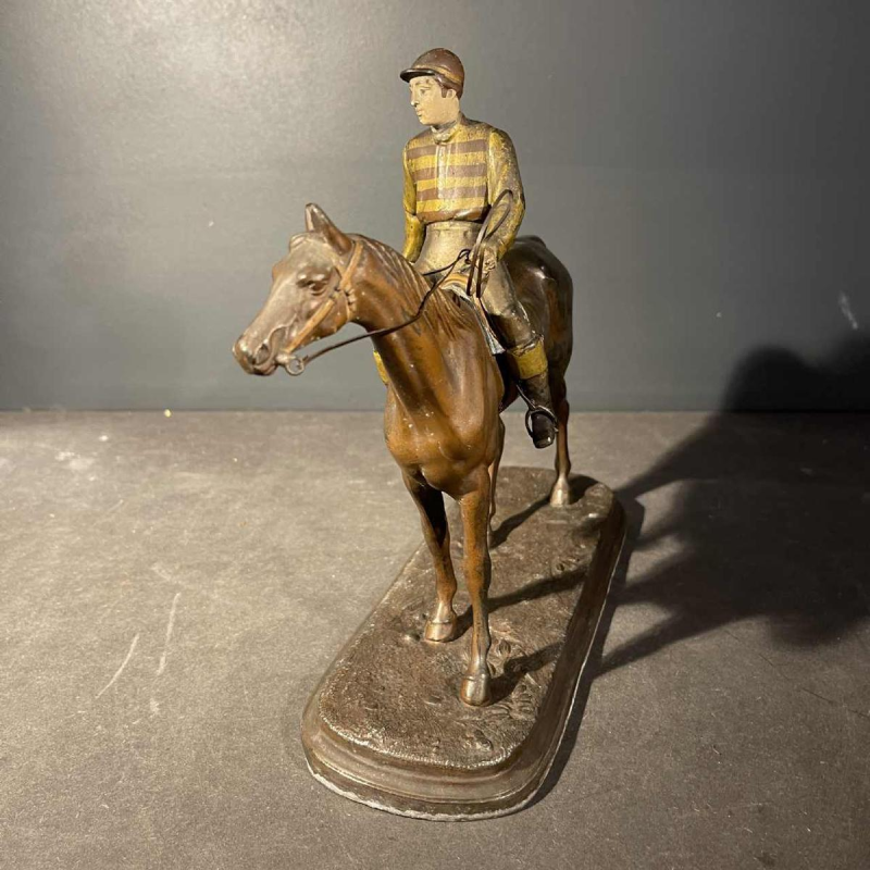 Sculpture Equestre / Statue Hippique Cheval Jockey, Régule Polychrome, ca 1890