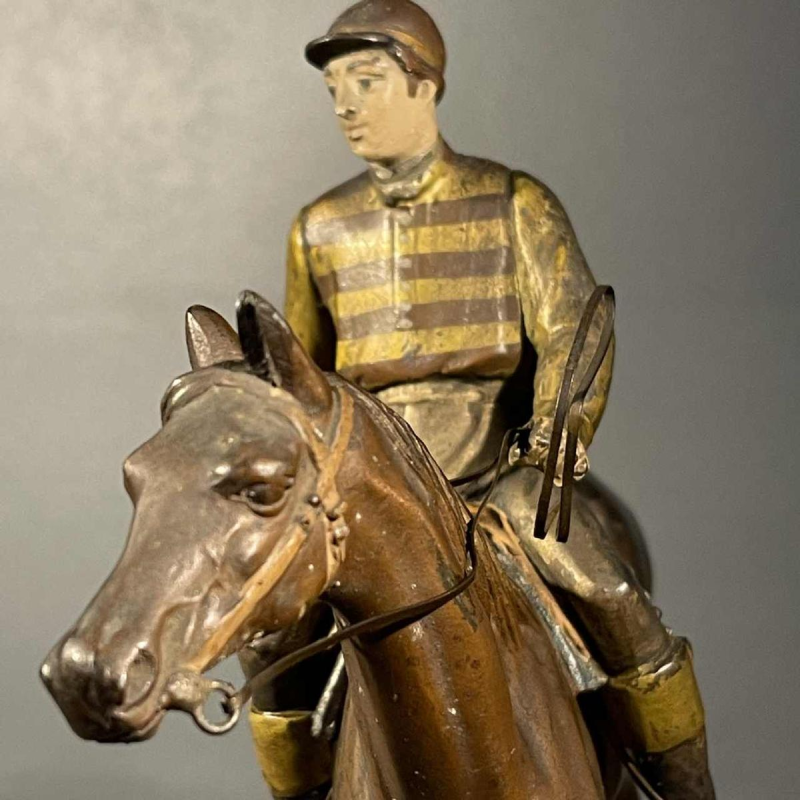 Sculpture Equestre / Statue Hippique Cheval Jockey, Régule Polychrome, ca 1890