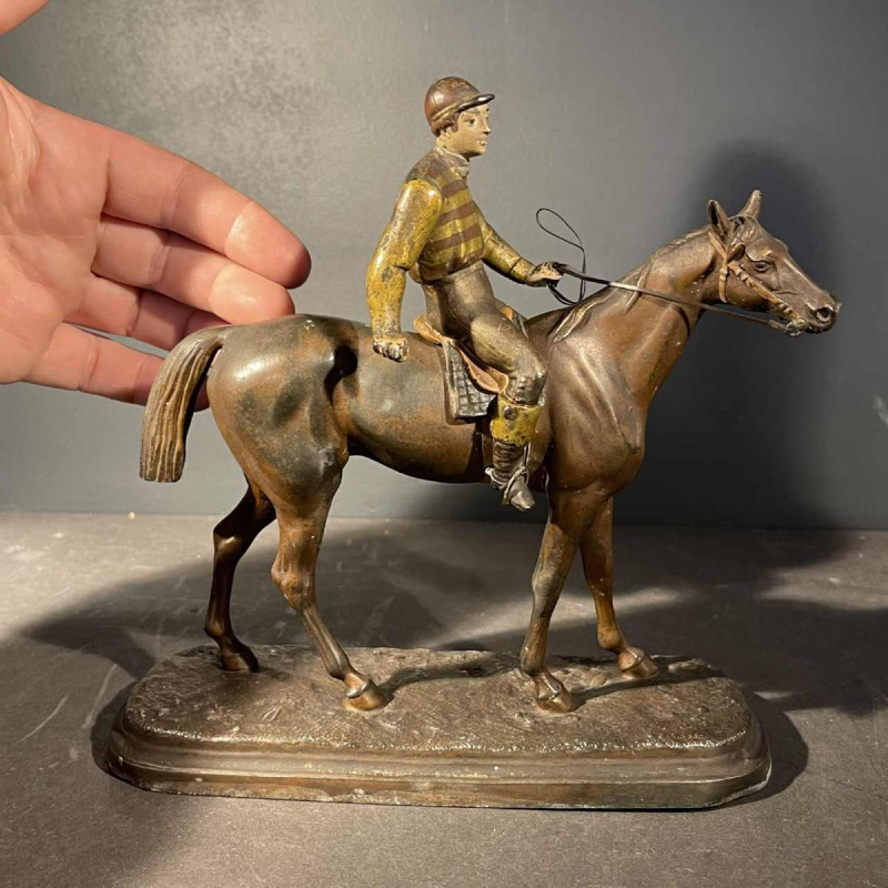 Sculpture Equestre / Statue Hippique Cheval Jockey, Re´gule Polychrome, ca 1890