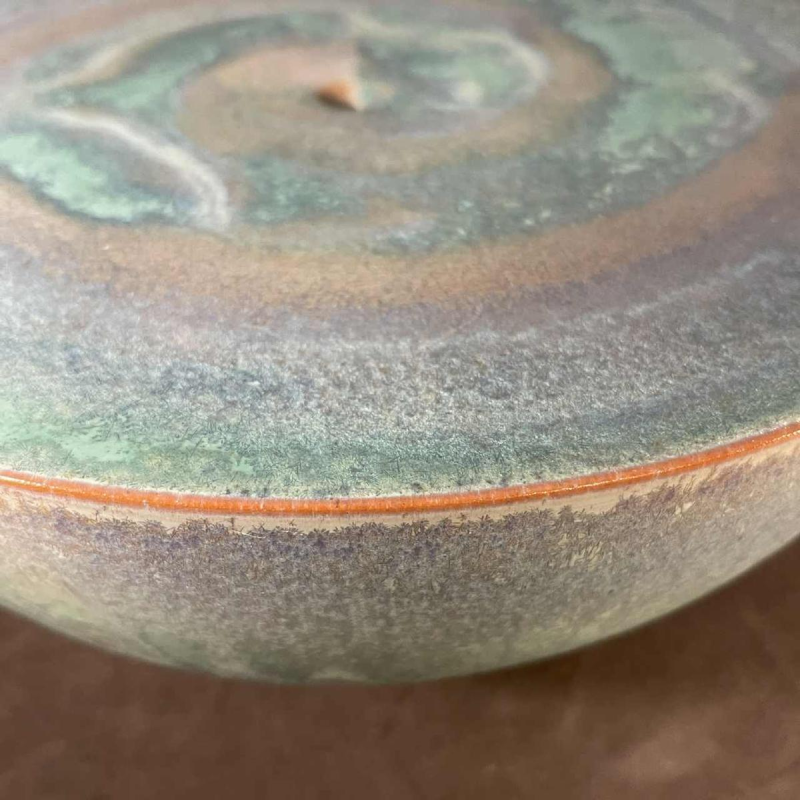 ANTONIO LAMPECCO, vase boule demi sphère turquoise en céramique, ca 1980