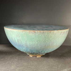 ANTONIO LAMPECCO, turquoise ceramic half sphere vase, ca 1980