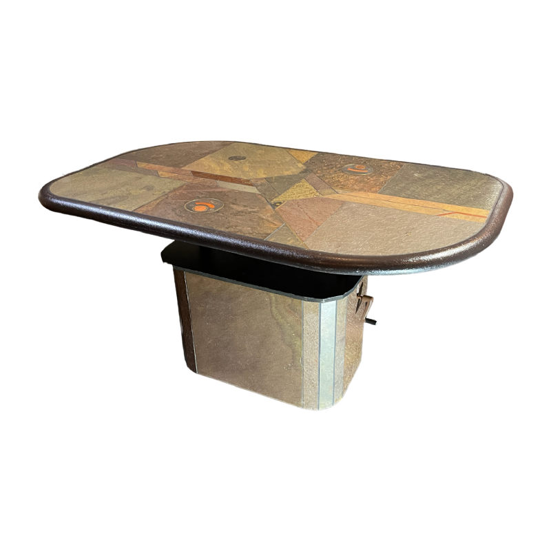 PAUL KINGMA, Brutalist modular coffee table, stone & brass, adjustable 1970s