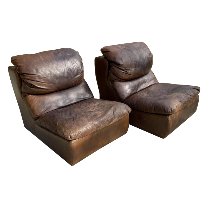 DE SEDE, Paire de Fauteuils / Chauffeuses / Clubs Vintage en cuir, 1970s