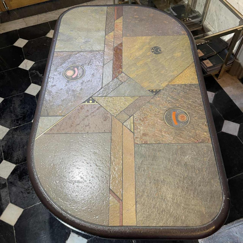 PAUL KINGMA, Brutalistische modulaire salontafel, steen & messing 1970s