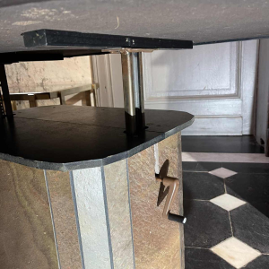 PAUL KINGMA, Brutalist modular coffee table, stone & brass, adjustable 1970s