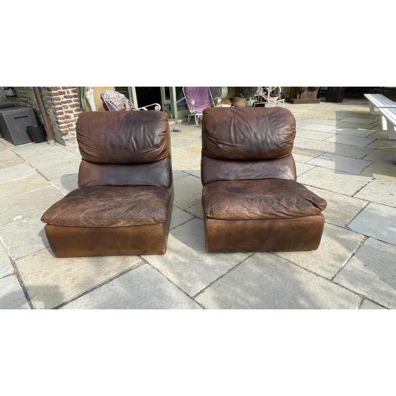 DE SEDE, Paire de Fauteuils / Chauffeuses / Clubs Vintage en cuir, 1970s