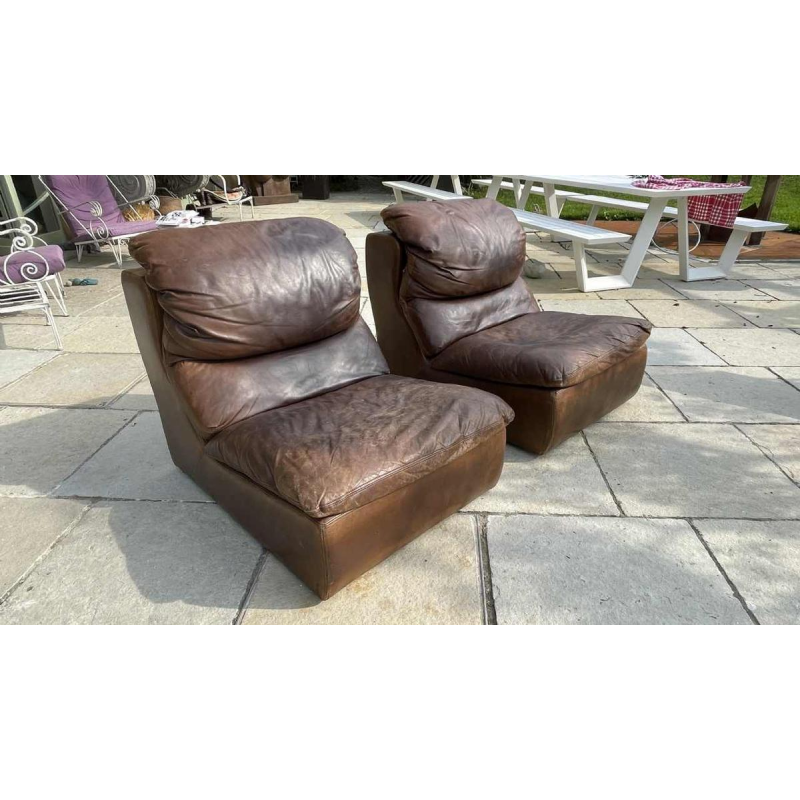 DE SEDE, Paire de Fauteuils / Chauffeuses / Clubs Vintage en cuir, 1970s