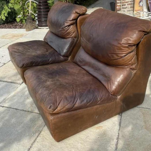 DE SEDE, Paar vintage lederen fauteuils / haardstoelen / clubs, jaren 70