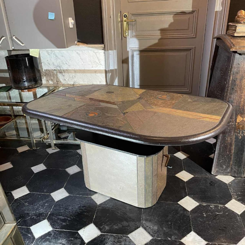 PAUL KINGMA, Brutalist modular coffee table, stone & brass, adjustable 1970s