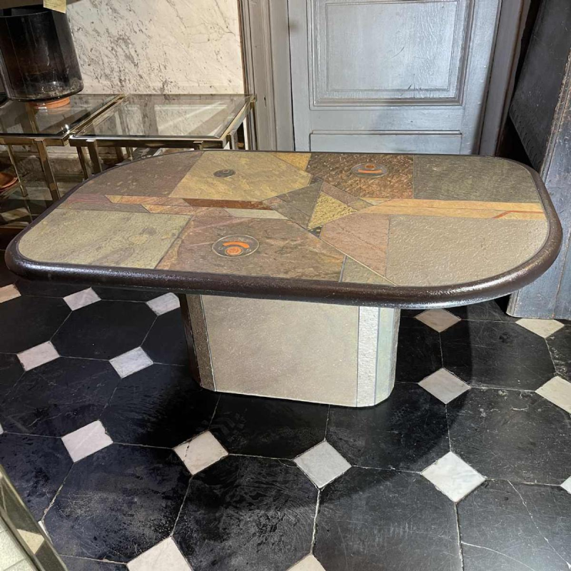 PAUL KINGMA, Brutalist modular coffee table, stone & brass, adjustable 1970s