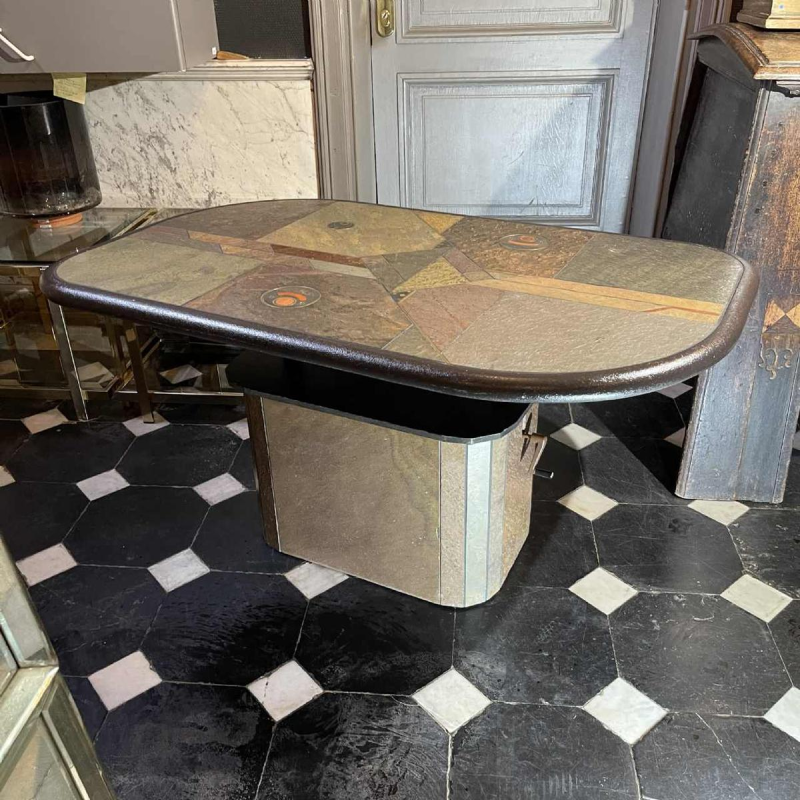 PAUL KINGMA, Table basse modulable brutaliste, pierre & laiton, re´glable 1970s