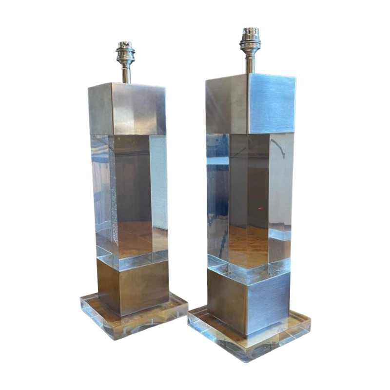 Charles Hollis Jones (attr), paire de lampes en plexiglass & acier brossé 1970s