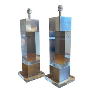 Charles Hollis Jones (attr), pair of Plexiglas & brushed steel lamps 1970s