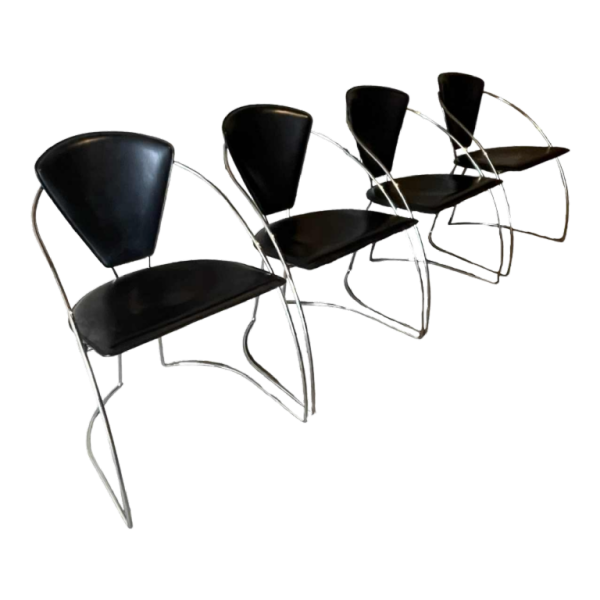 Set van 4 stoelen, verchroomd staal zwart skai, Italiaans Design 1980s