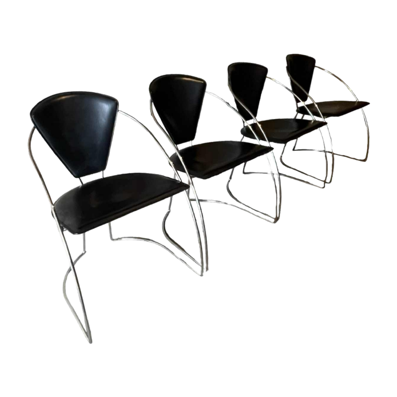 Set of 4 vintage chairs, chromed steel & black skai, Italian design 80s