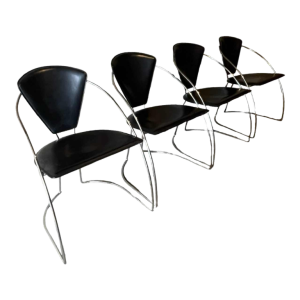 Set of 4 vintage chairs, chromed steel & black skai, Italian design 80s
