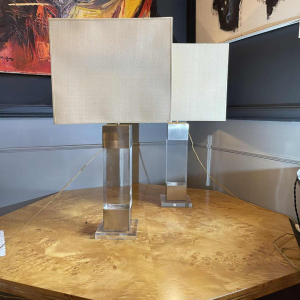 Charles Hollis Jones (attr), paire de lampes en plexiglass & acier brossé 1970s
