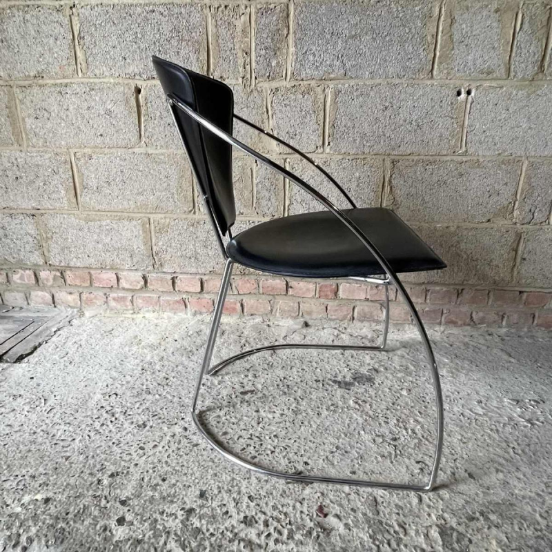 Set of 4 vintage chairs, chromed steel & black skai, Italian design 80s