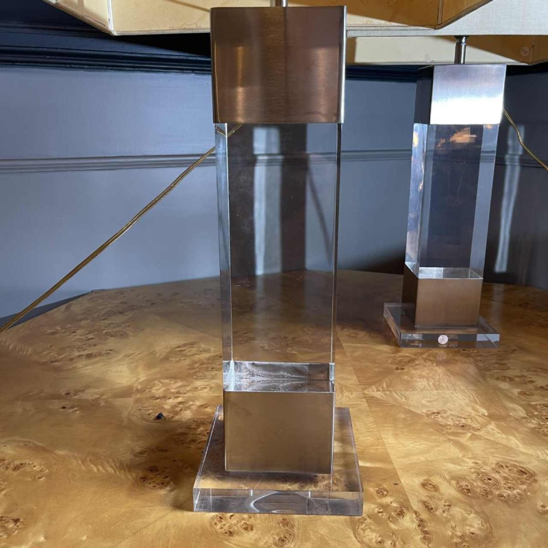 Charles Hollis Jones (attr), pair of Plexiglas & brushed steel lamps 1970s