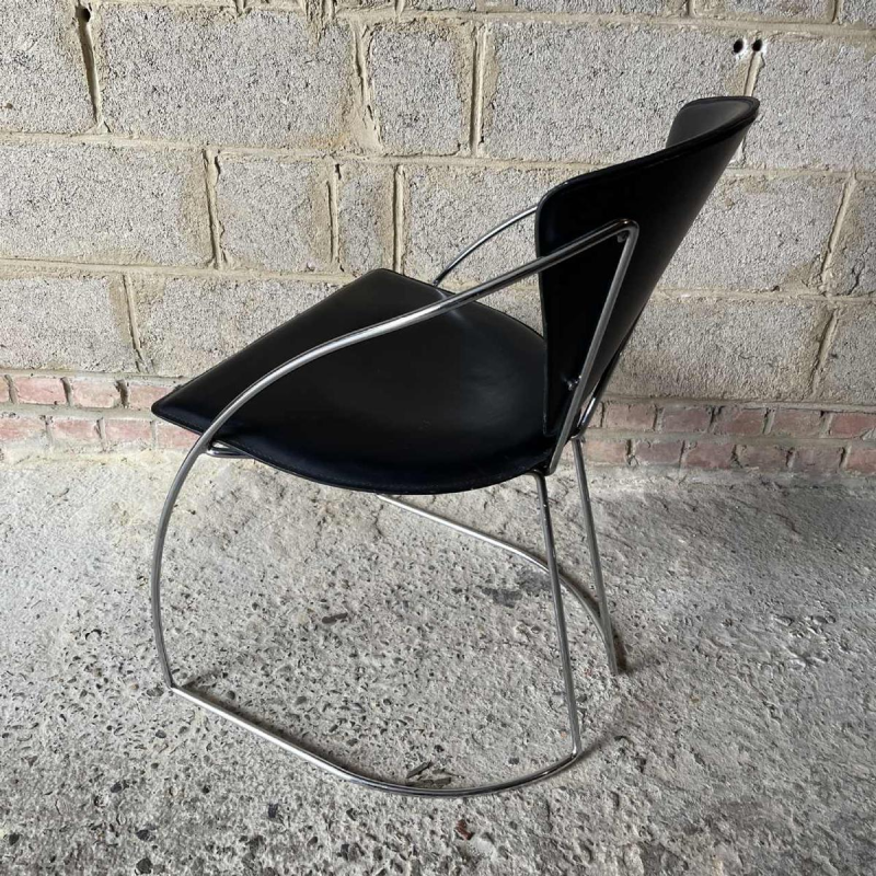 Set of 4 vintage chairs, chromed steel & black skai, Italian design 80s