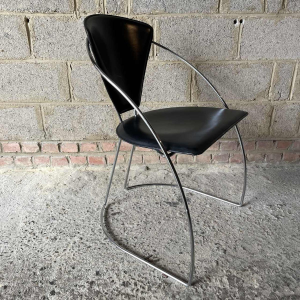 Set of 4 vintage chairs, chromed steel & black skai, Italian design 80s