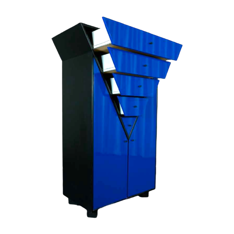 MEMPHIS style blue furniture, dresser & high chest with 4 drawers, ca 1980