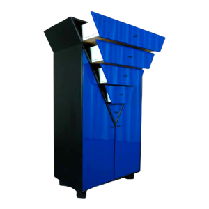 Meuble bleu de style MEMPHIS, dresse & commode haute à 4 tiroirs, ca 1980