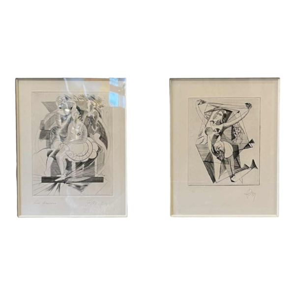 RENÉ MELS (Meulemans) framed set of 2 x abstract expressionist etchings, ca 1945