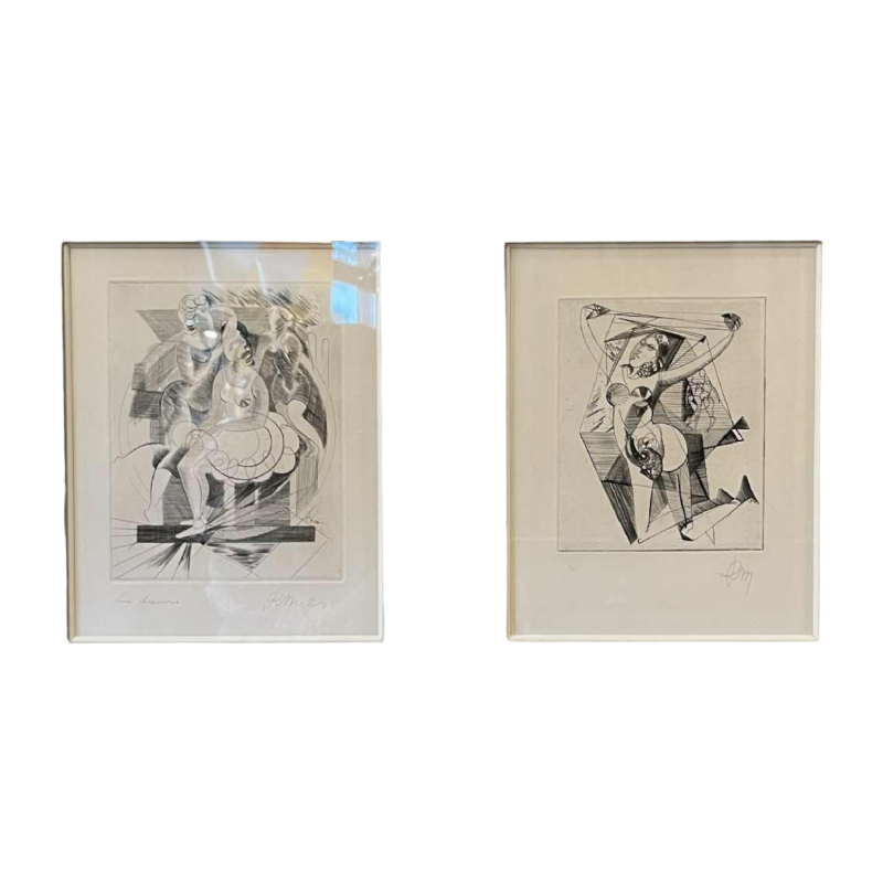 RENÉ MELS (Meulemans) ingelijste set van 2 x abstract expressionistische etsen, ca 1945