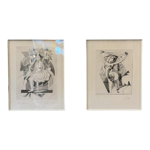 RENÉ MELS (Meulemans) framed set of 2 x abstract expressionist etchings, ca 1945