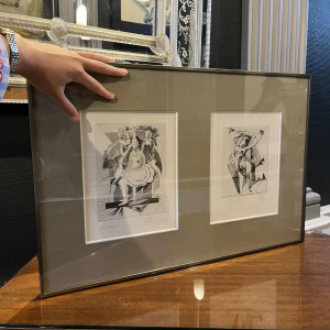 RENÉ MELS (Meulemans) framed set of 2 x abstract expressionist etchings, ca 1945