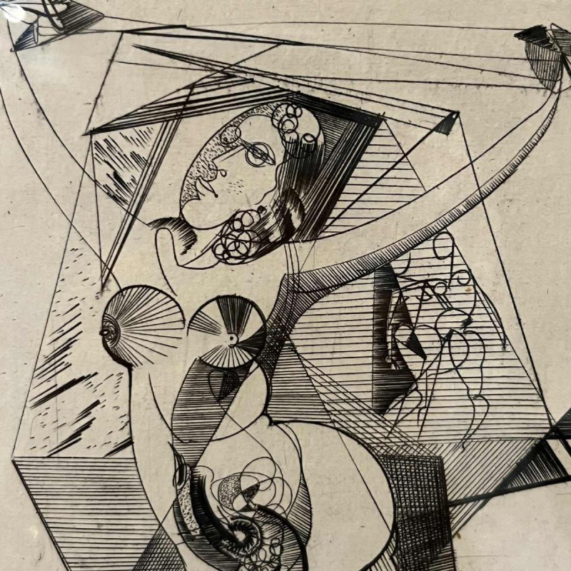 RENÉ MELS (Meulemans) framed set of 2 x abstract expressionist etchings, ca 1945