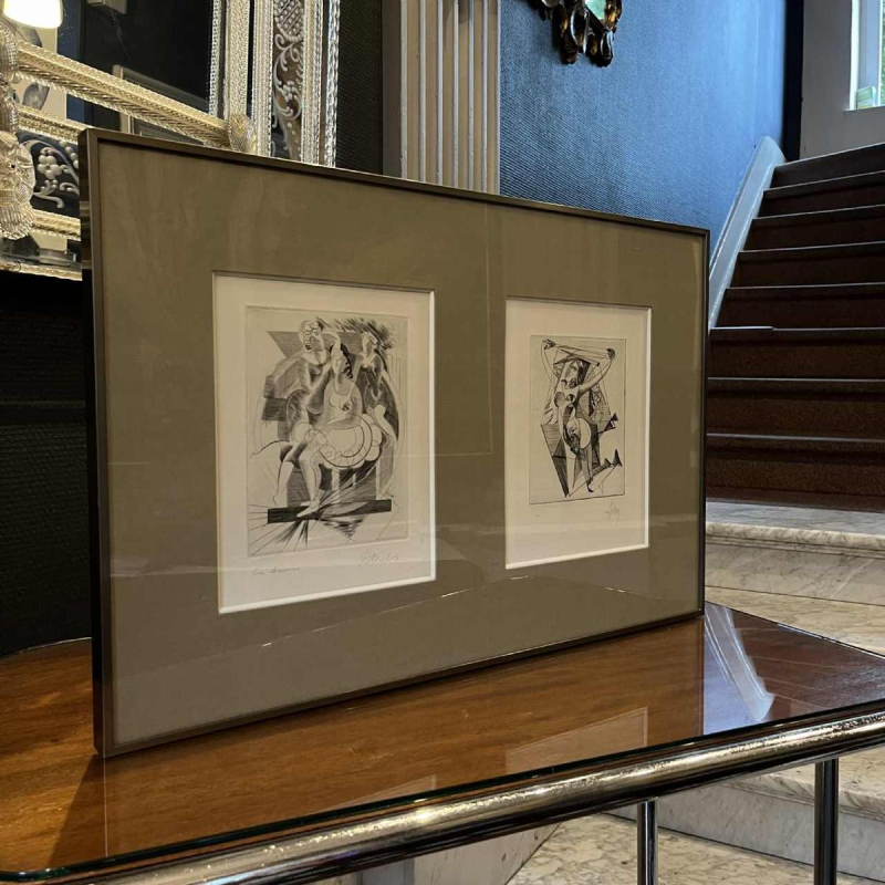 RENÉ MELS (Meulemans) framed set of 2 x abstract expressionist etchings, ca 1945