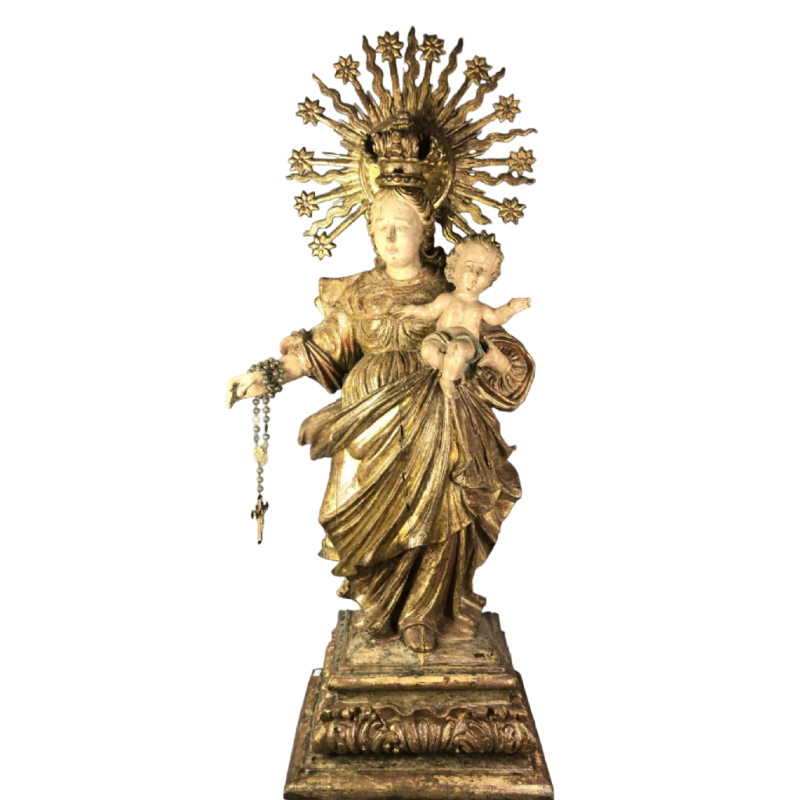 "Vierge du Rosaire" sculpture en bois polychromé & doré, style baroque, Catalogne 18ème siècle
