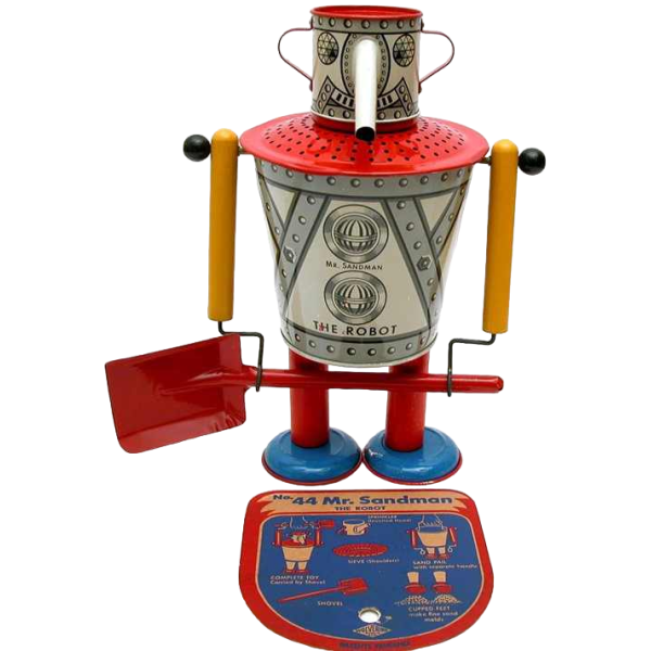 Mr Sandman The Robot Wolverine, metalen strandspeelgoed, perfecte staat 1947