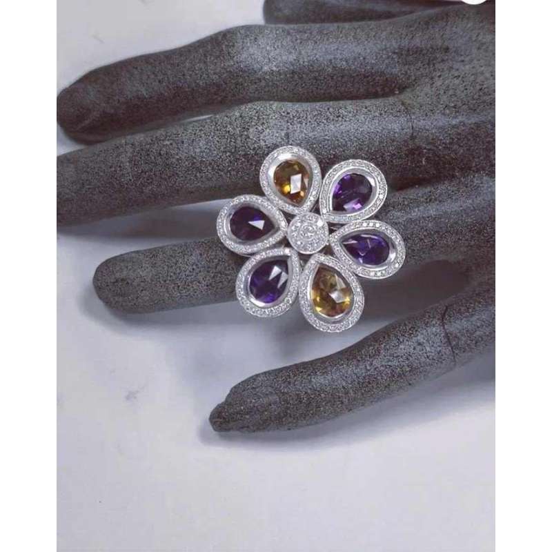 Bague en or, diamant & pierres semi-précieuses, améthyste & topaze