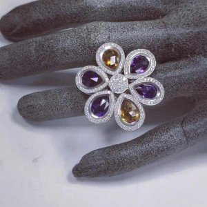 Ring in gold, diamond & semi-precious stones, amethyst & topaz