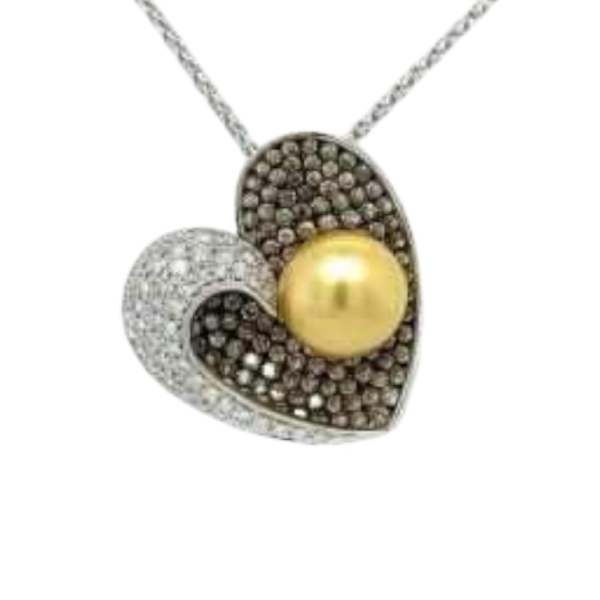 Hart' hanger in witgoud, witte & bruine diamanten & natuurgouden parel