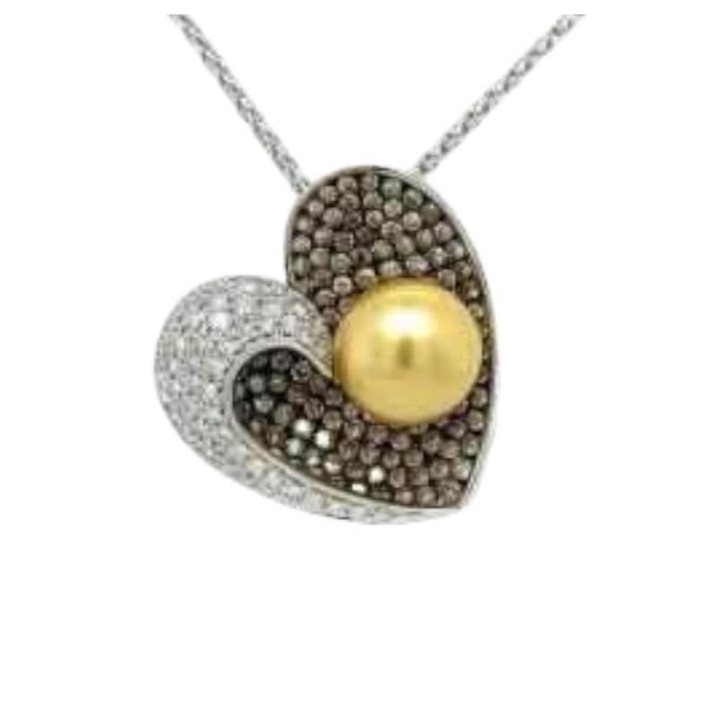 Heart' pendant in white gold, white & brown diamonds & natural gold pearl