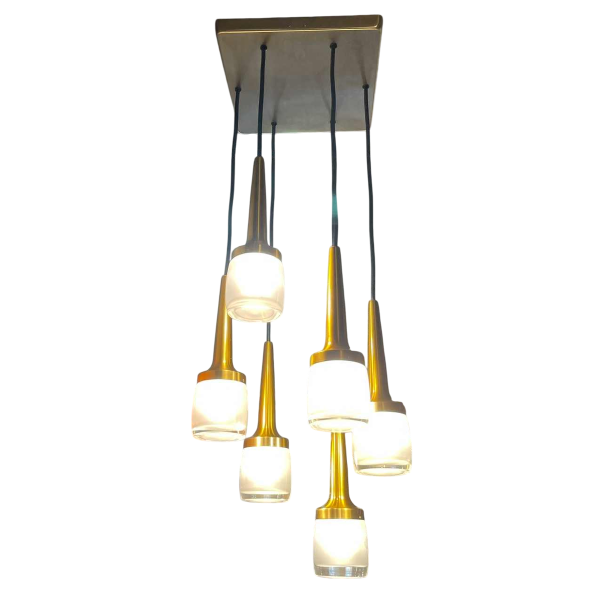 Staff Leuchten, lustre cascade 6 éléments, laiton et aluminium doré, verre, ca 1970